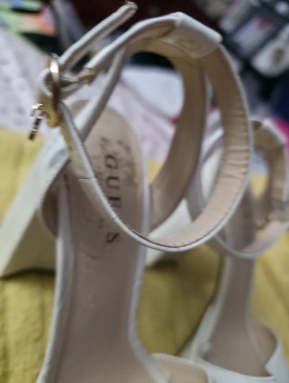 GUESS White Croc-Embossed Ankle Strap Block Heels